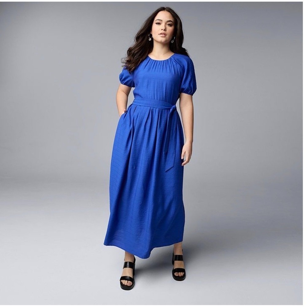 Simply Vera Vera Wang Women's Shirred Flowy Puff Sleeve Maxi Dress with Belt L